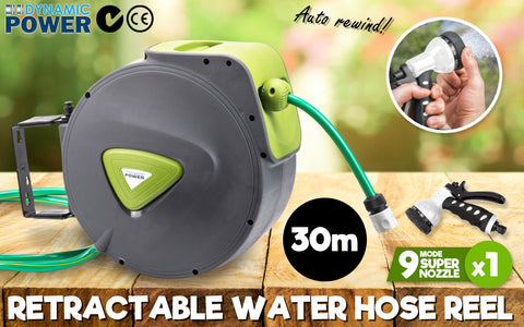 Garden Water Hose Retractable Rewind Reel Wall Mounted 30M