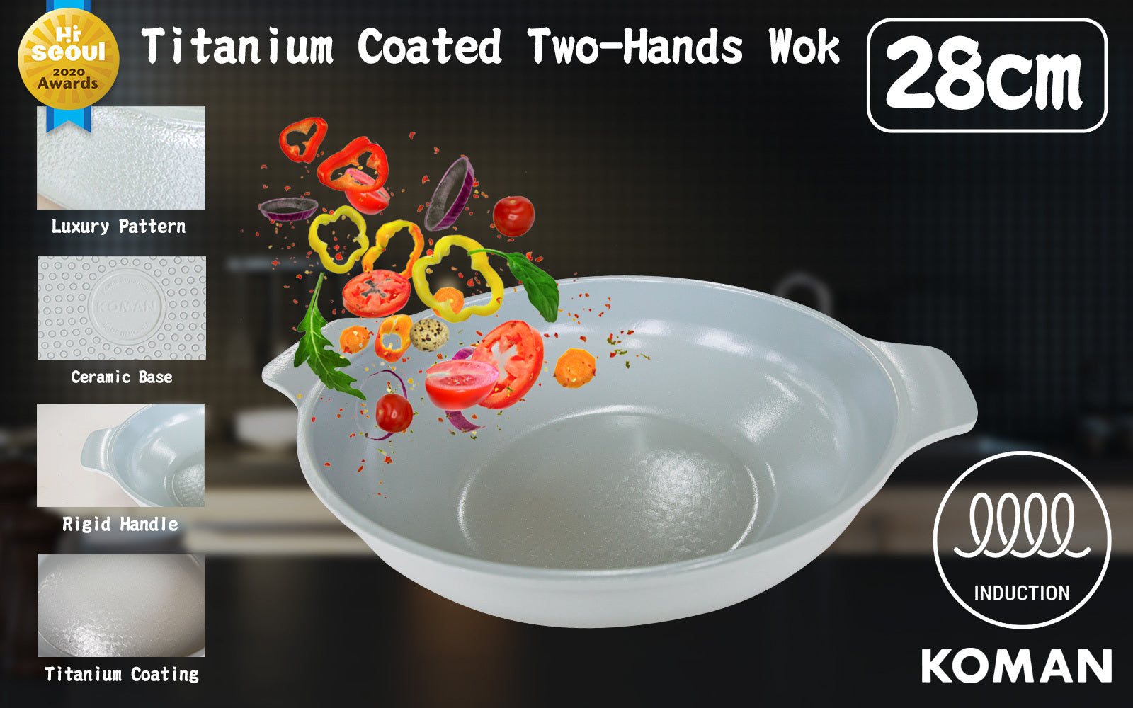 Shinewon Vinch IH Two Hands Wok 28cm Ceramic Non-stick Titanium GREY