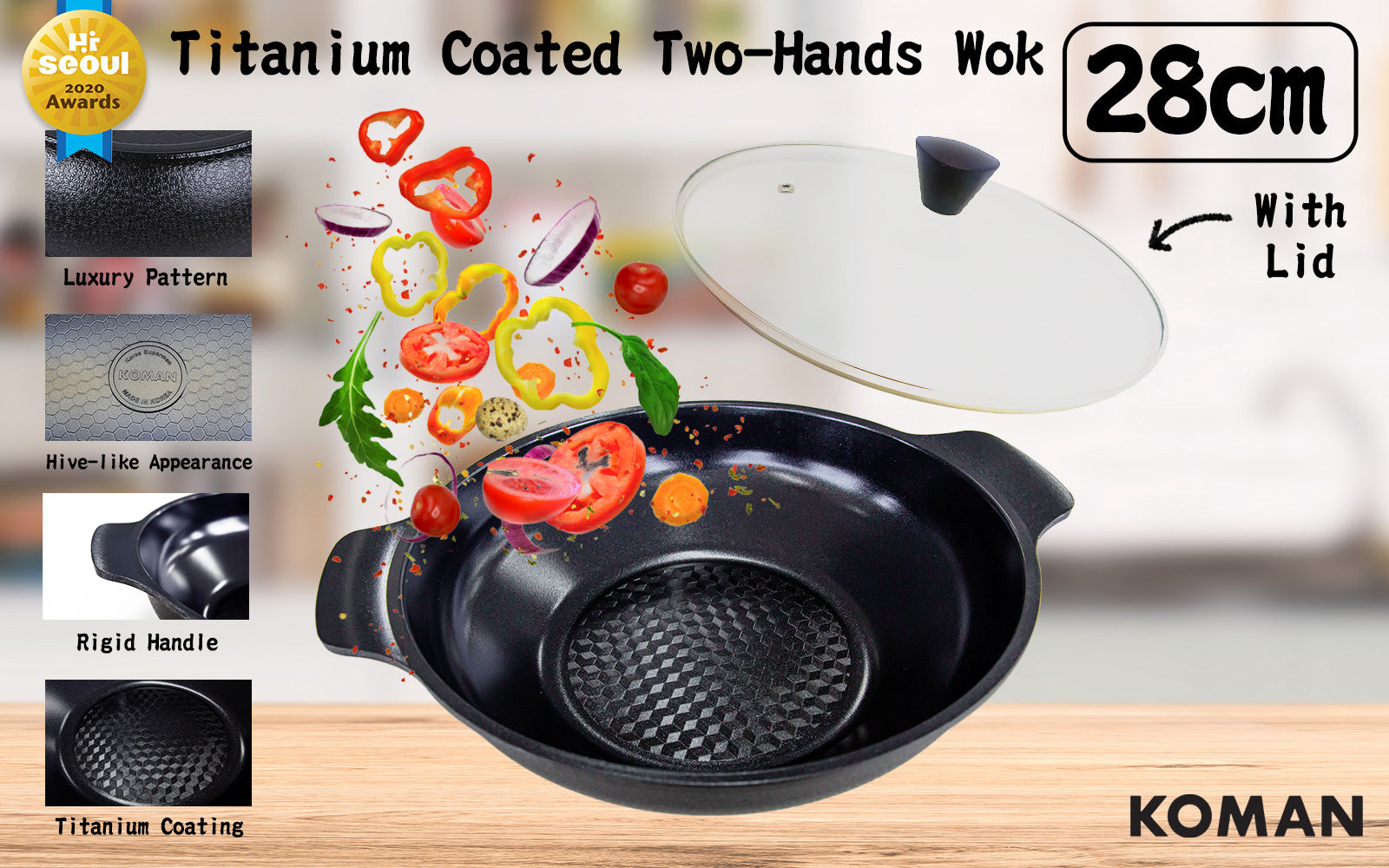 Shinewon Two Hands Wok 28cm Ceramic Non-stick Titanium + Glass Lid - BLACK