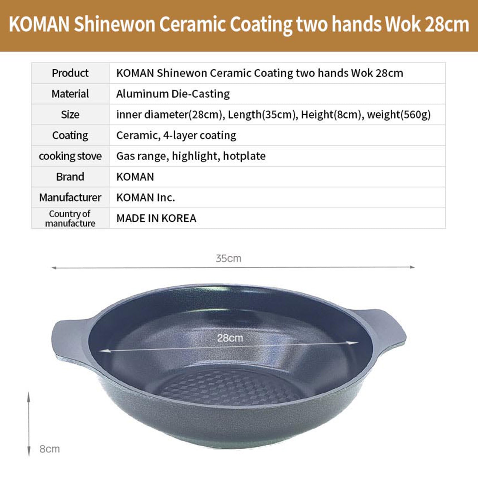 Shinewon Two Hands Wok 28cm Ceramic Non-stick Titanium + Glass Lid - BLACK