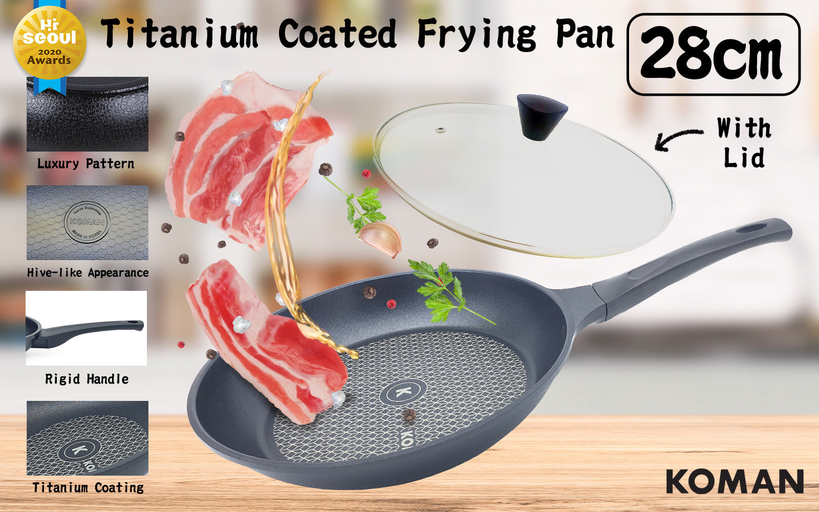 Non-Stick Titanium Coating Frying Pan 28cm + Glass Lid