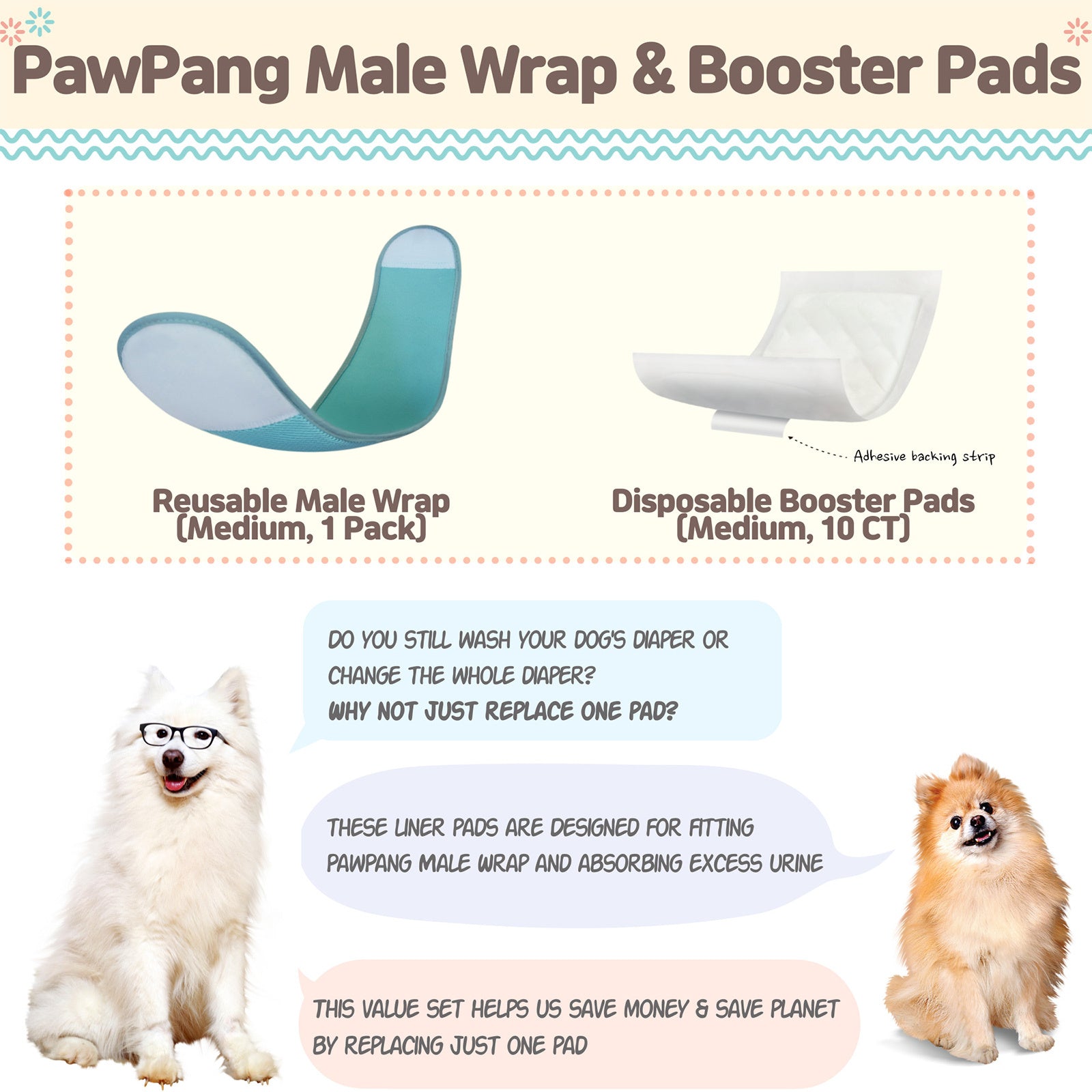 Male Dog Wrap M + 10x Diaper Booster Pads