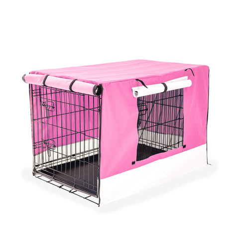 Foldable 30in Wire Dog Crate w/ Tray & Pink Cover