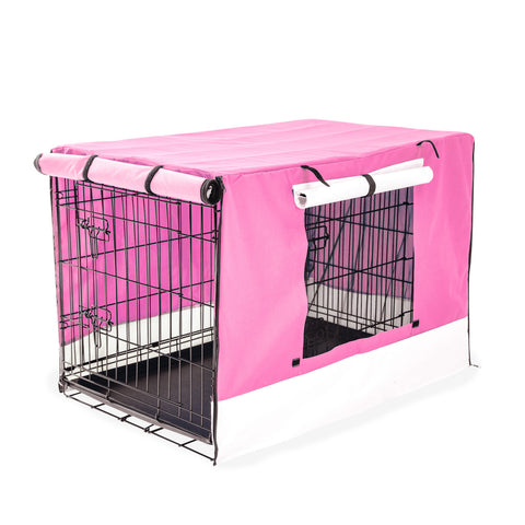 Foldable 42in Wire Dog Crate w/ Tray & Pink Cover