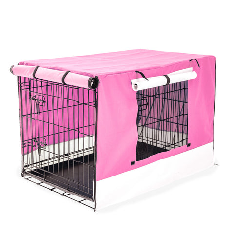 Foldable 48in Wire Dog Crate w/ Tray & Pink Cover