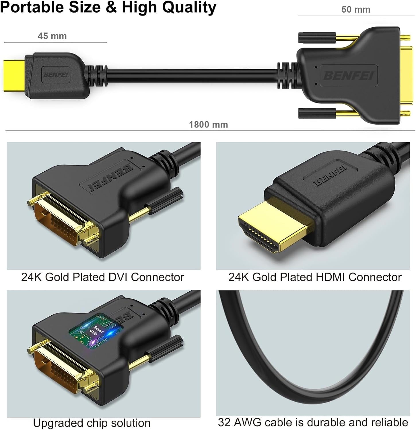 High-Speed HDMI to DVI-D 24+1 Bi-Directional Adapter Cable