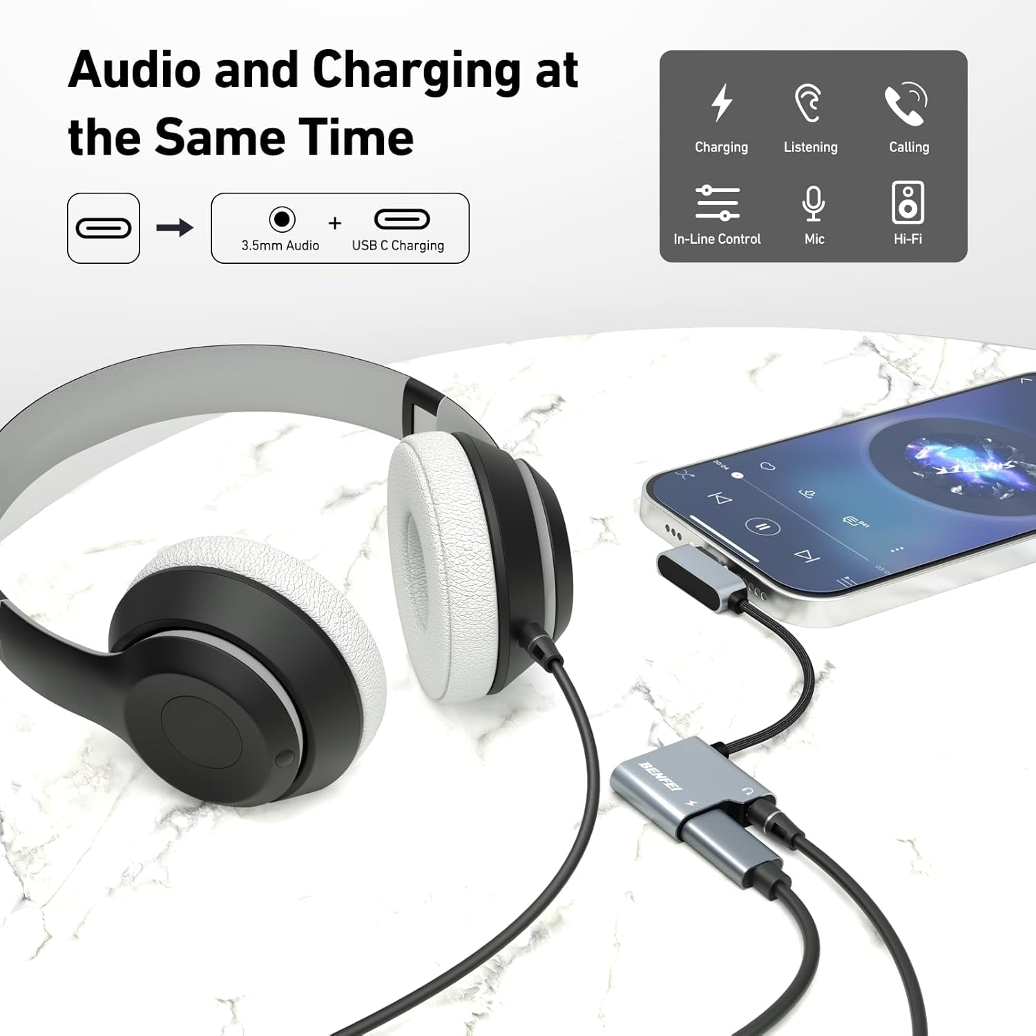 USB C to Audio Jack Adapter with 60W Fast Charging