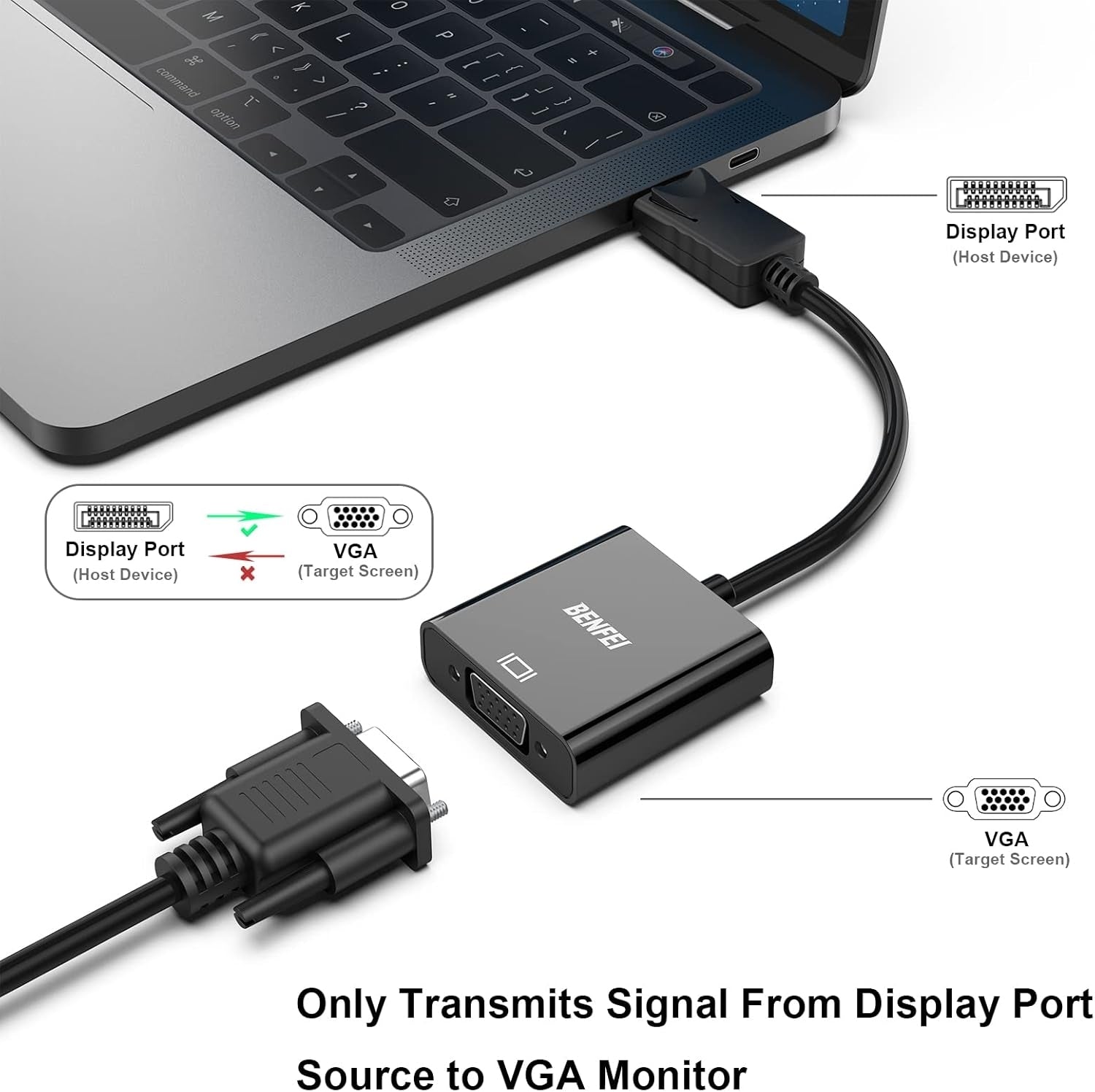 DisplayPort to VGA,Gold-Plated Uni-directional Adapter