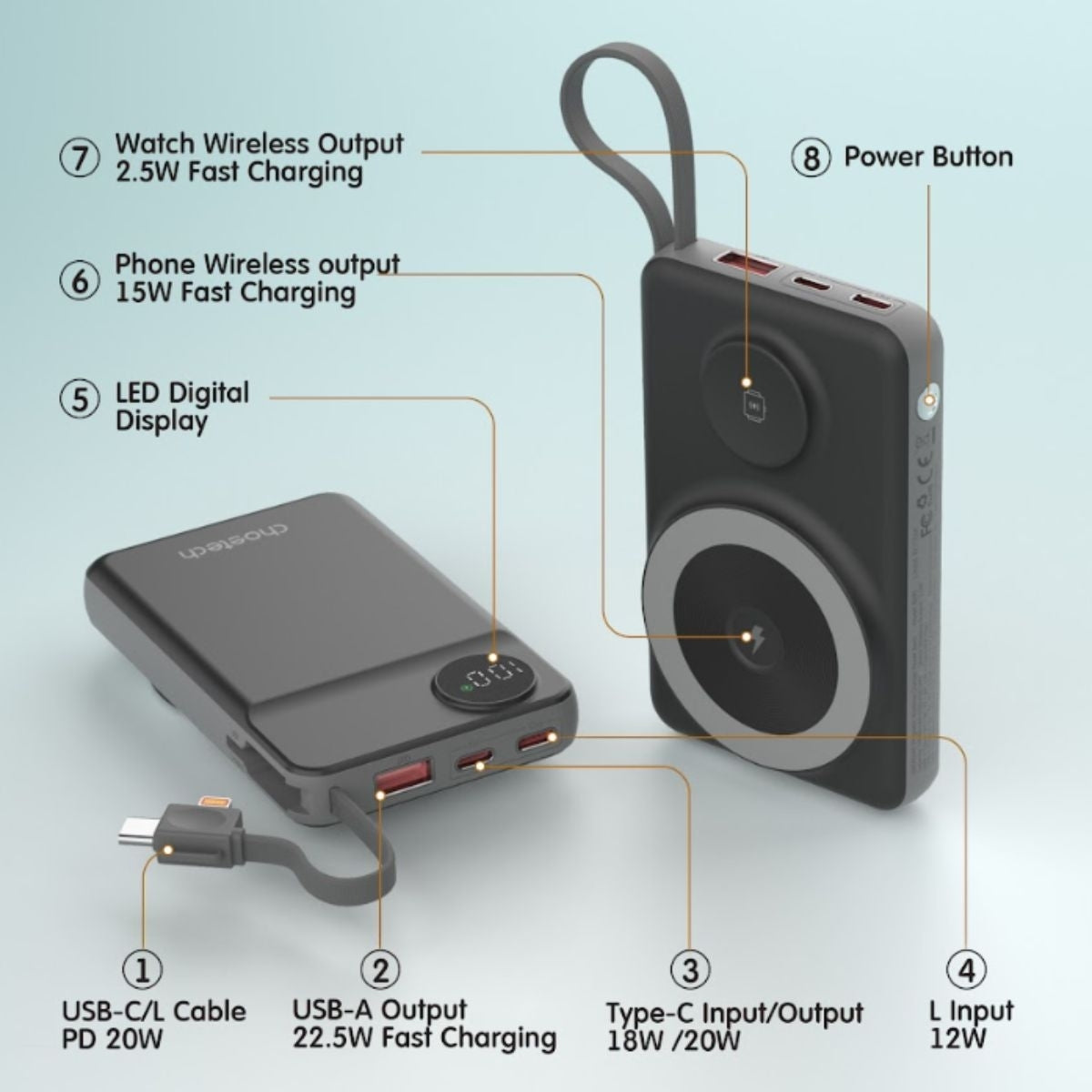 Black 10,000mAh Wireless Power Bank - USB-A & USB-C Fast Charge