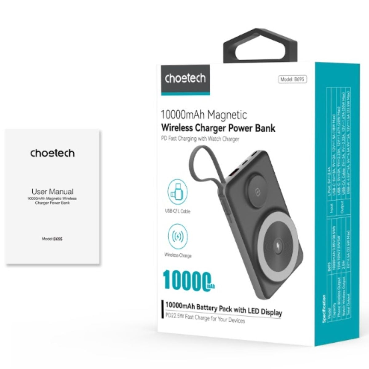 Black 10,000mAh Wireless Power Bank - USB-A & USB-C Fast Charge