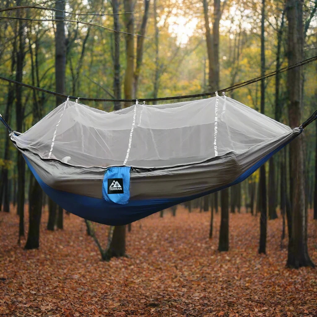 Camping Hammock with Mosquito Net - Blue and Grey