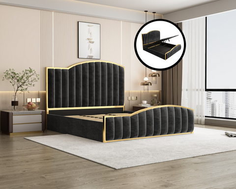 King Size Bedframe with Gas Lift Storage Charcoal Velvet Fabric Golden Trim