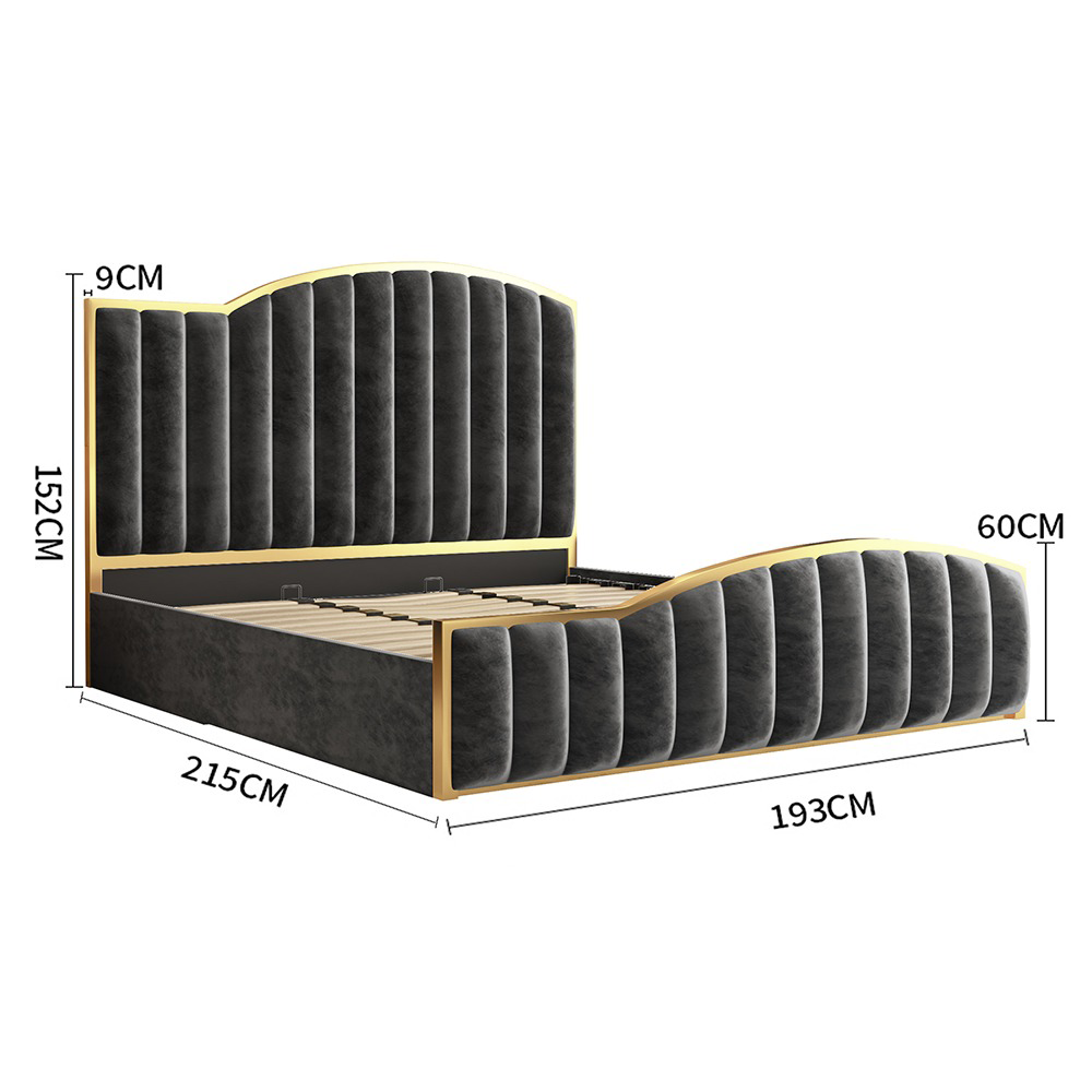 King Size Bedframe with Gas Lift Storage Charcoal Velvet Fabric Golden Trim