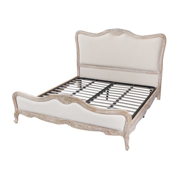 King Size Bed Frame Linen Fabric Beige Oak Wood White.