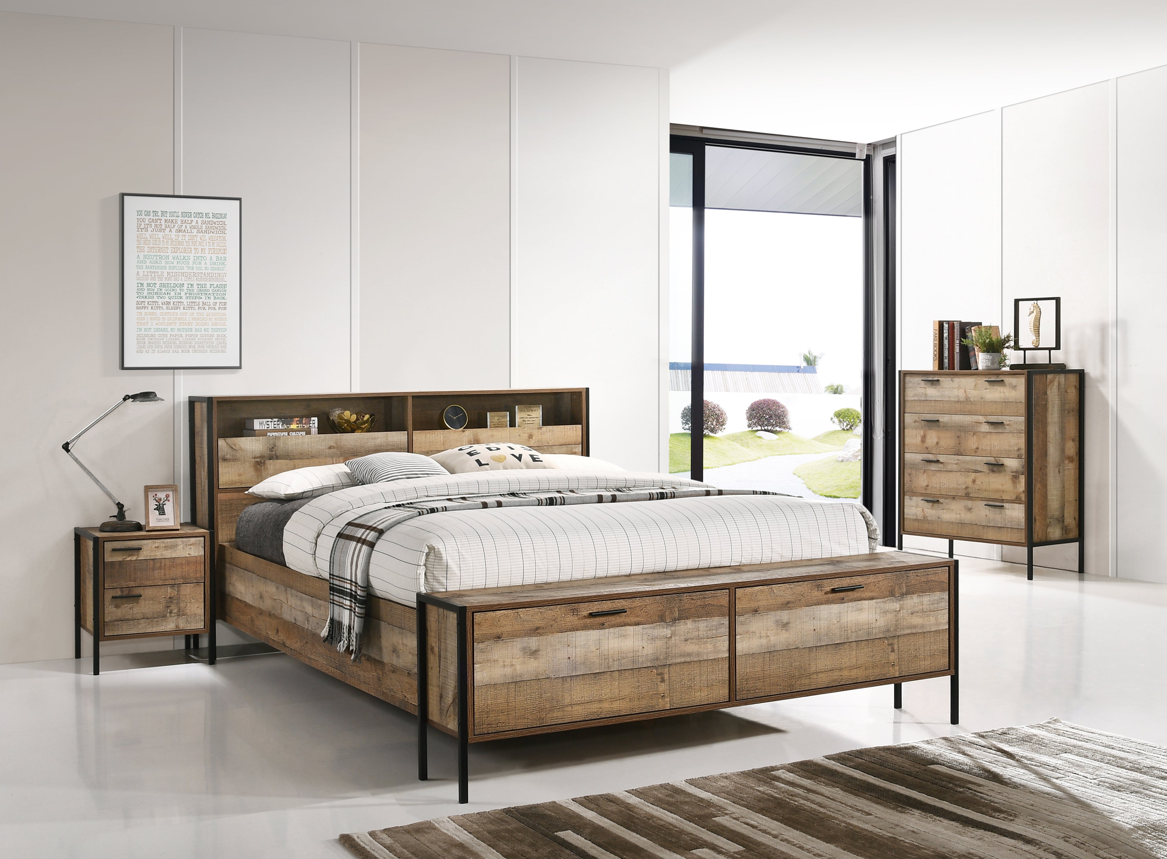 Elegant Oak Storage Bed Frame with Metal Legs