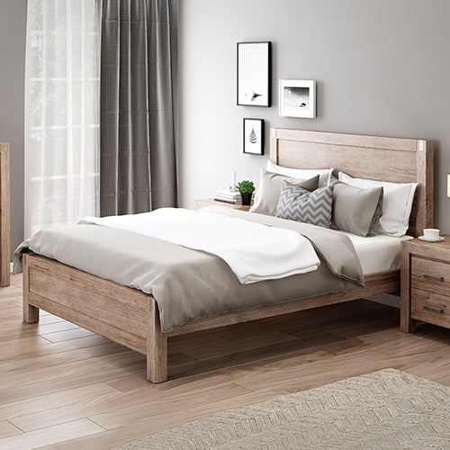 Modern Double Bed Frame in Solid Acacia Wood - Oak