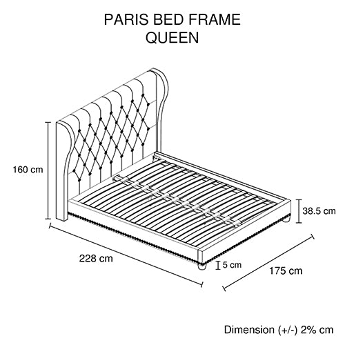 Stylish Queen Bed Frame with Beige Fabric and High French Provincial Headboard