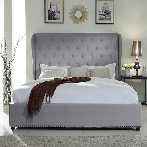 Stylish Queen Bed Frame with Grey Fabric and High French Provincial Headboard