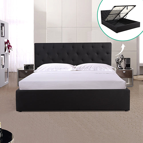 Modern Gas Lift Queen Storage Bed with Black Fabric and Tufted Headboard