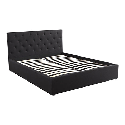 Modern Gas Lift Queen Storage Bed with Black Fabric and Tufted Headboard