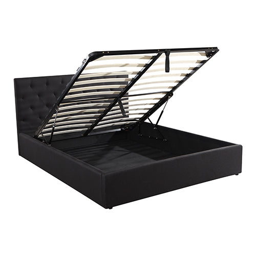 Modern Gas Lift Queen Storage Bed with Black Fabric and Tufted Headboard