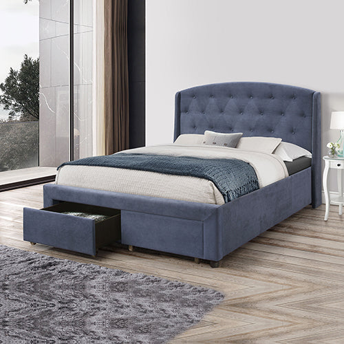 Modern Queen Storage Bed with Navy Blue Fabric and 2 Drawers