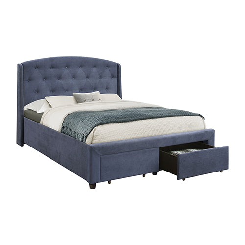 Modern Queen Storage Bed with Navy Blue Fabric and 2 Drawers