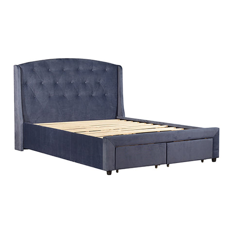 Modern Queen Storage Bed with Navy Blue Fabric and 2 Drawers