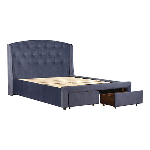 Modern Queen Storage Bed with Navy Blue Fabric and 2 Drawers