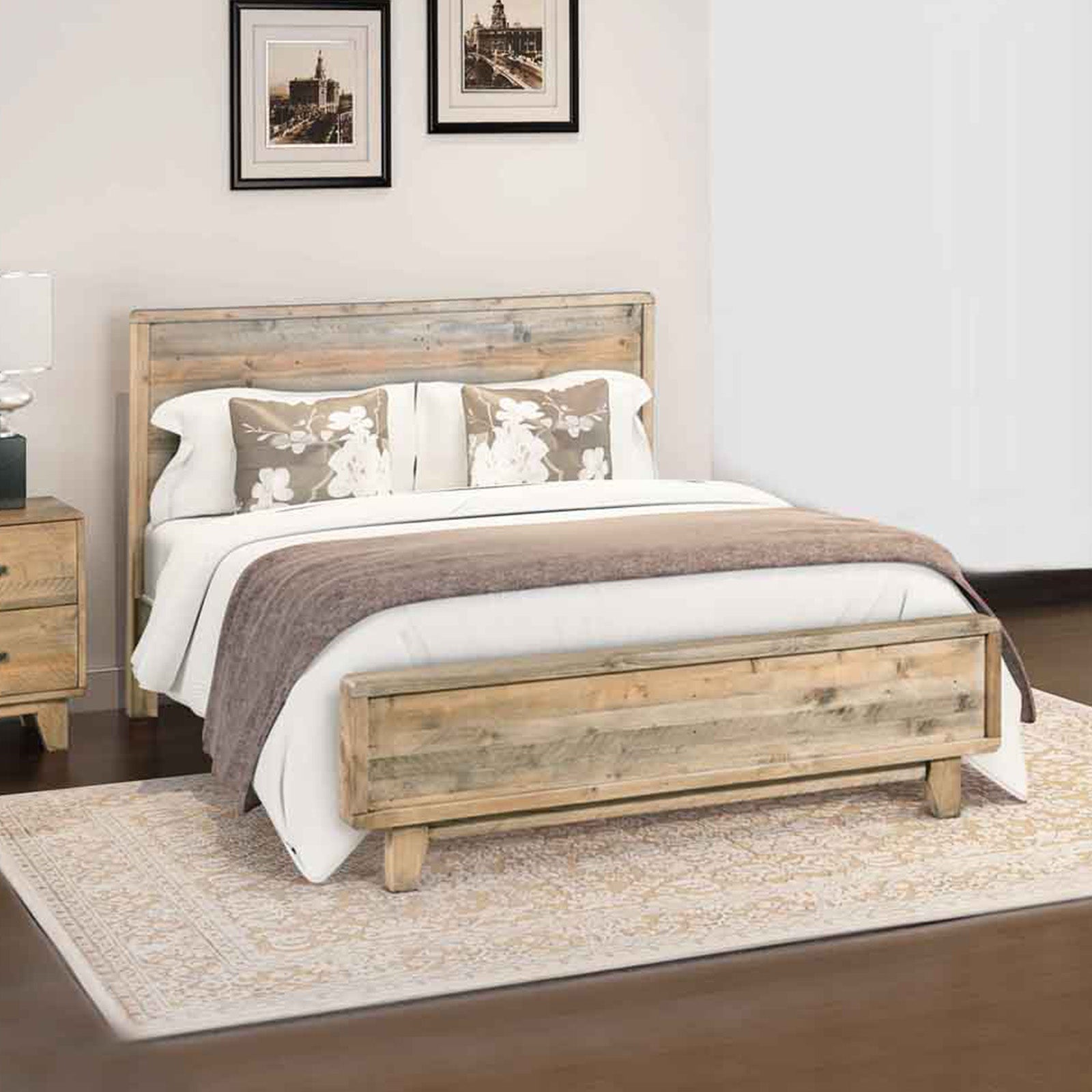 King Size Wooden Bed Frame In Solid Wood Antique Design Light Brown