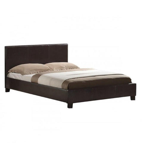 Sleek Brown Leatherette Bed Frame with Metal Slat Base