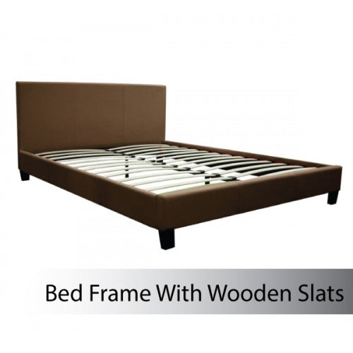 Sleek Brown Leatherette Bed Frame with Metal Slat Base