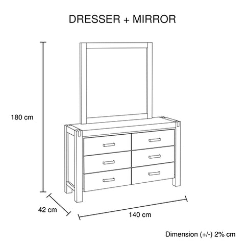 Dresser With 6 Storage Drawers In Solid Acacia & Veneer With Mirror