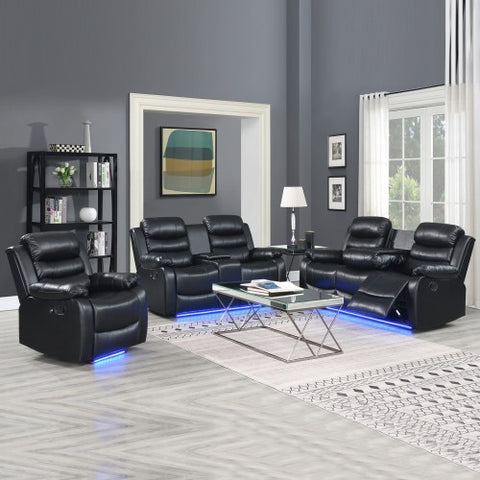 3-2-1 Black Leatherette Recliner With Led Console And Ultra Cushioning