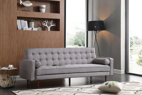 Grey Fabric 3-Seater Button-Tufted Sofa Bed