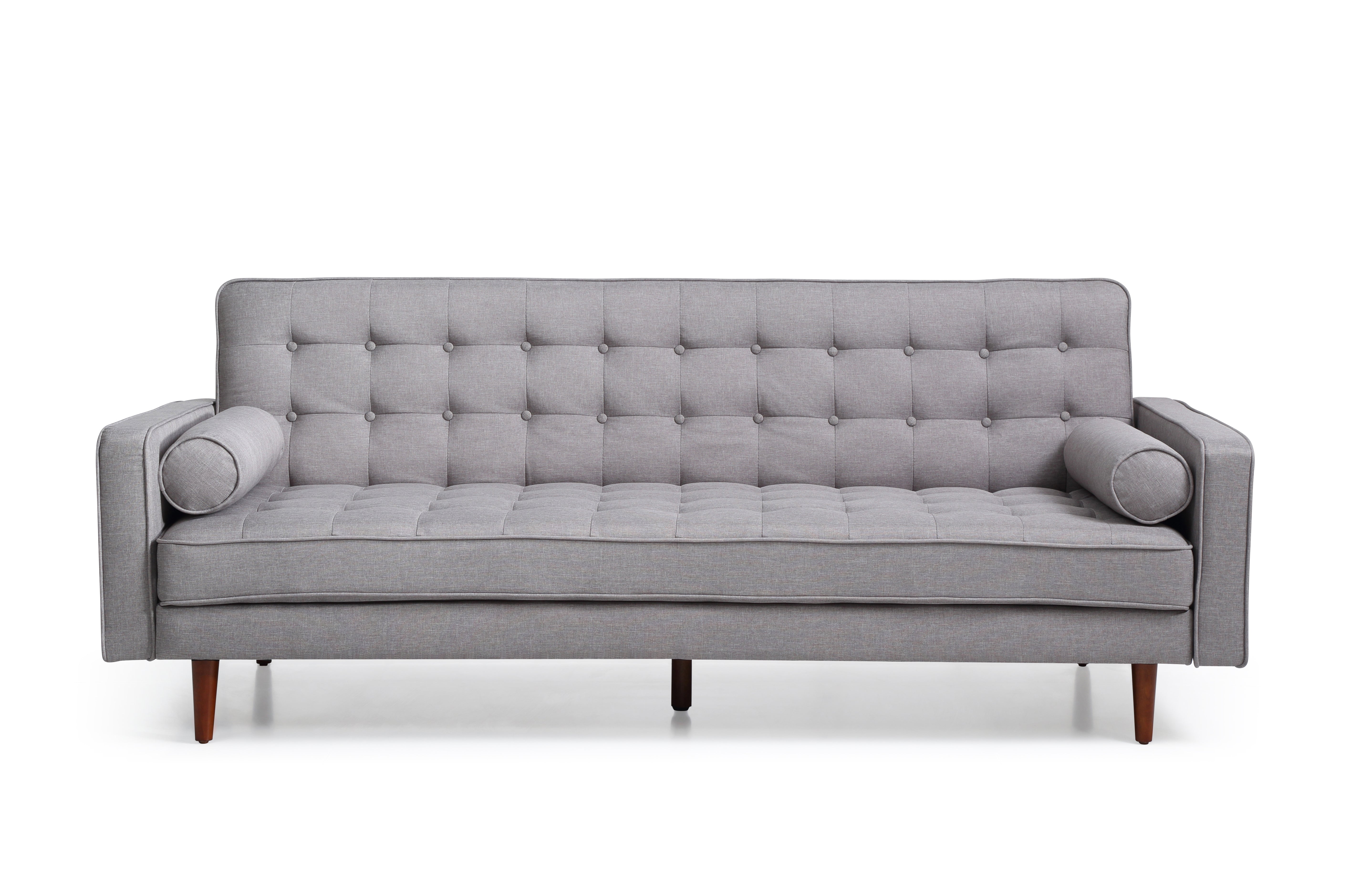 Grey Fabric 3-Seater Button-Tufted Sofa Bed