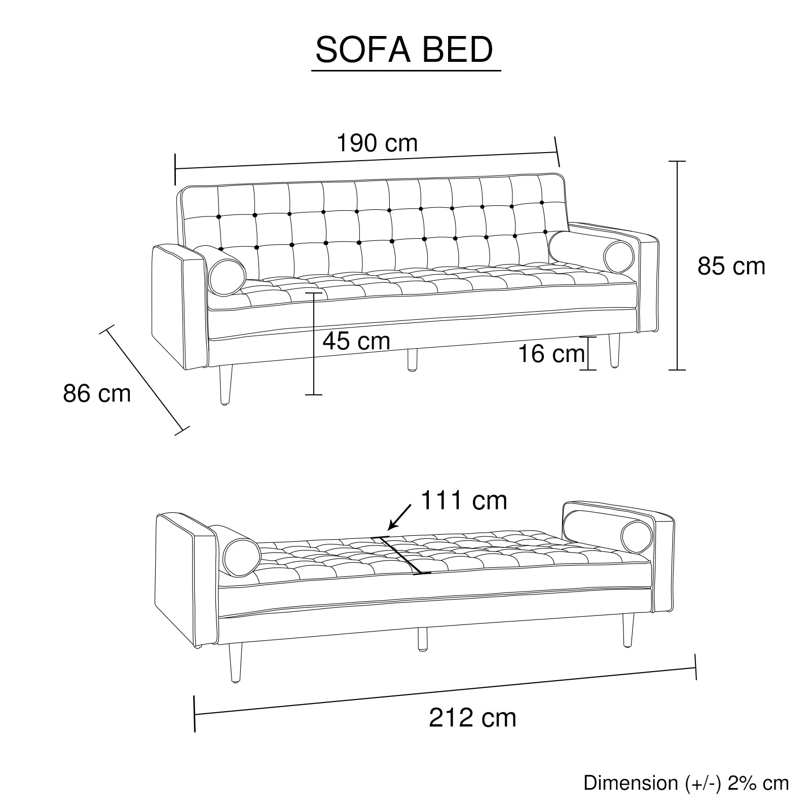 Grey Fabric 3-Seater Button-Tufted Sofa Bed