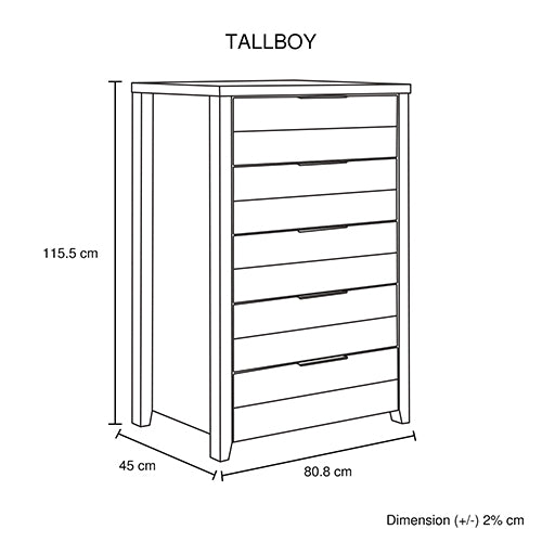 White Ash-Colored Tallboy With 5 Storage Drawers