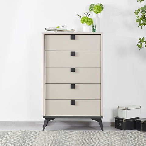 Modern Tallboy with 5 Drawers - Champagne & Black