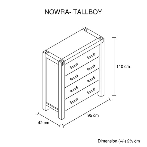 Oak Wooden Tallboy With 4 Storage Drawers