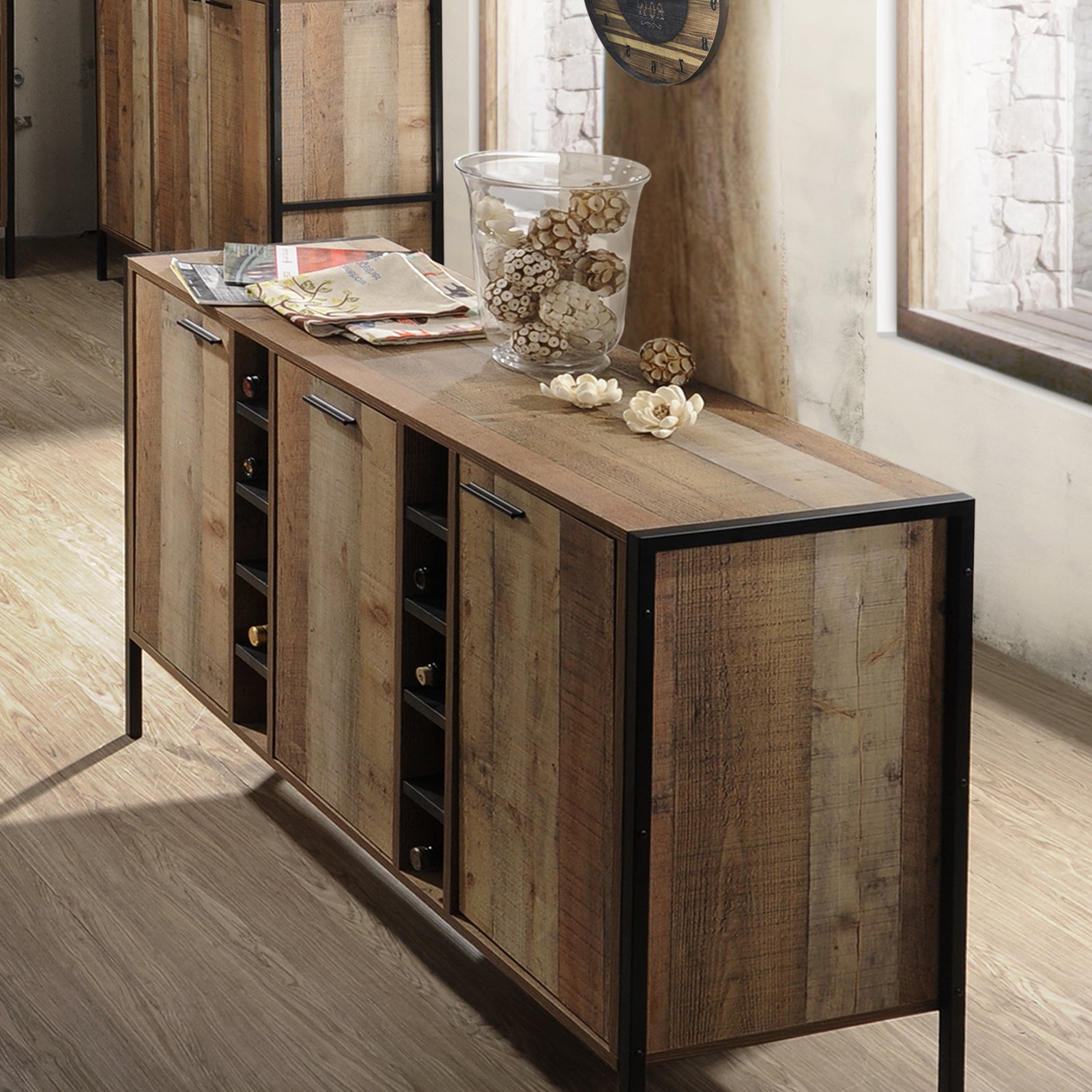 Oak Wine Cabinet With 2 Storage And Open Shelves