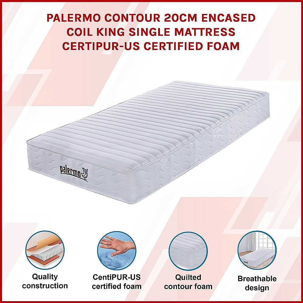 Simple Deals Contour 20cm Encased Coil King Single Mattress CertiPUR-US Certified Foam