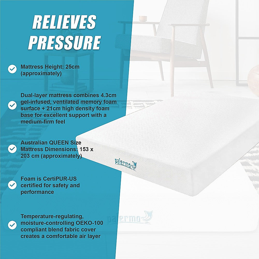 Queen 25Cm Gel Memory Foam Mattress - Dual-Layered