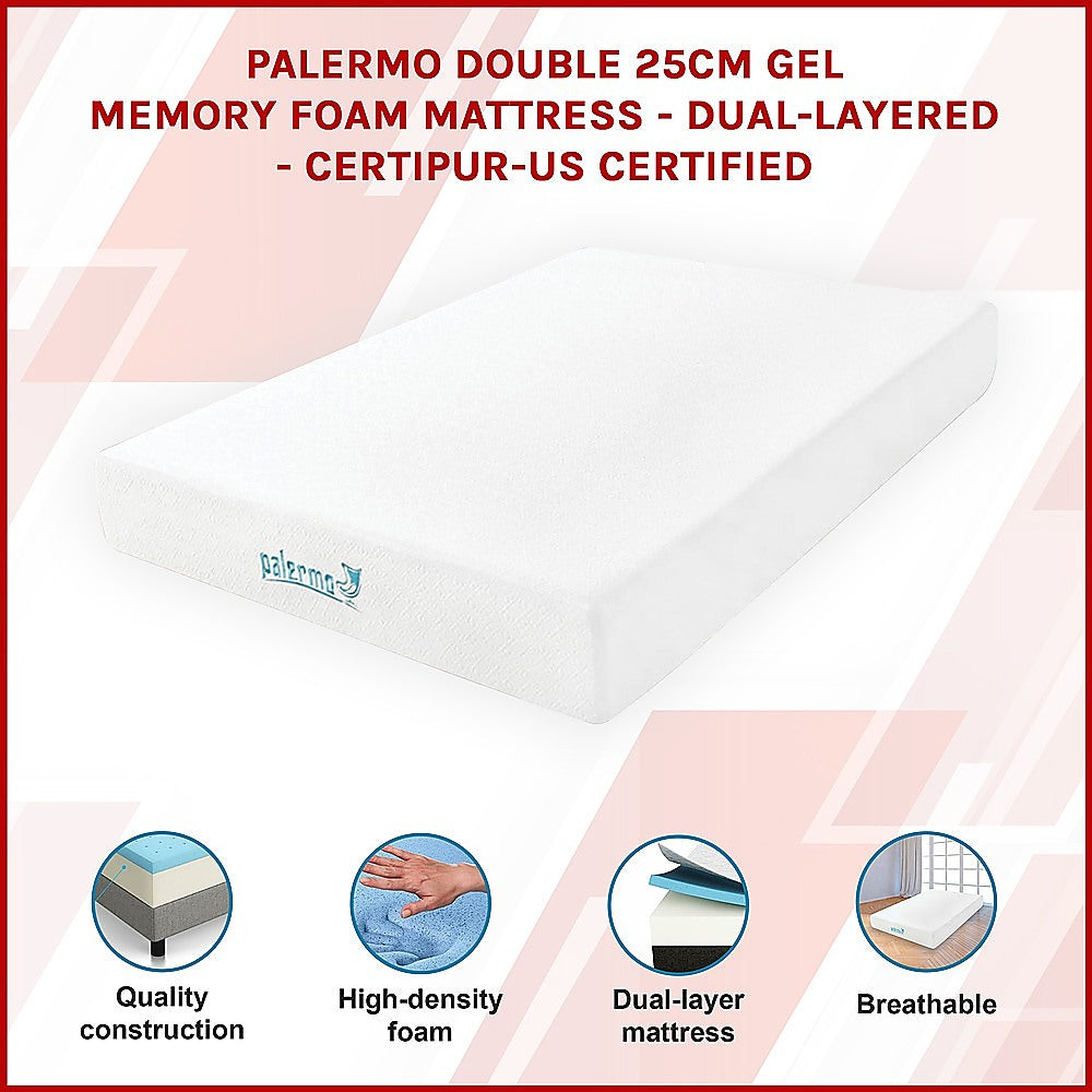 Palermo Gel Memory Foam Mattress Double 25cm - CertiPUR-US