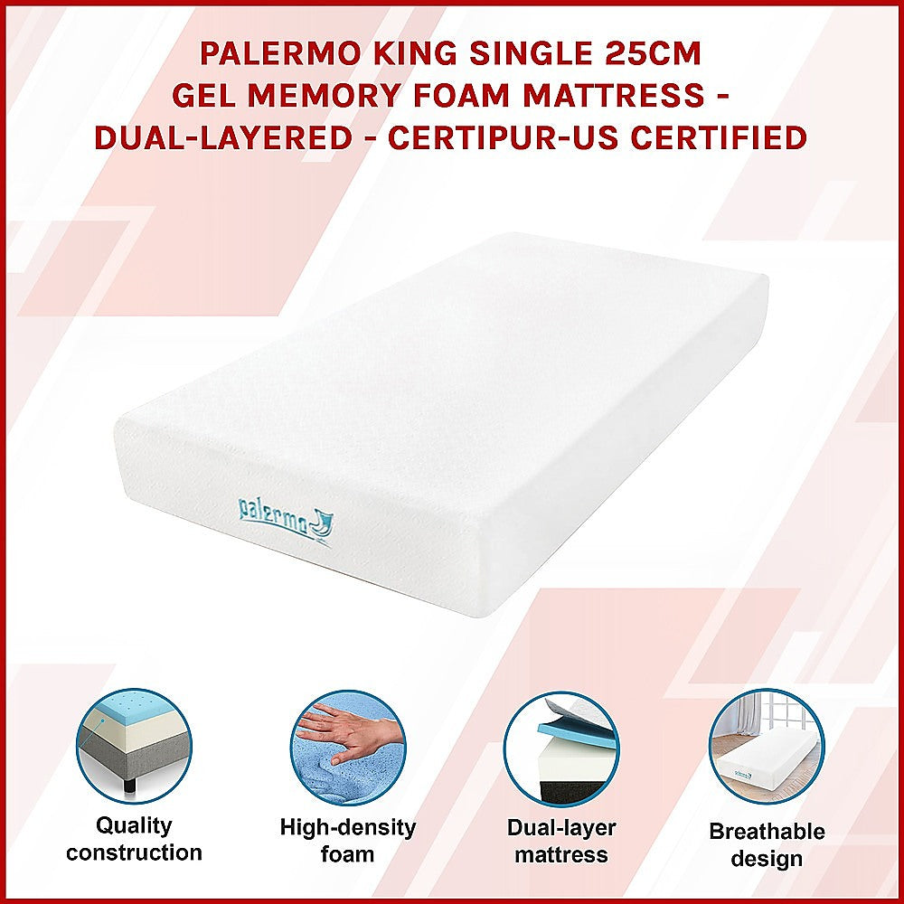 Palermo King Single 25Cm Gel Memory Foam Mattress - Dual-Layered - Certipur-Us Certified