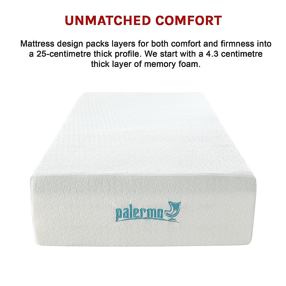 Palermo King Single 25Cm Gel Memory Foam Mattress - Dual-Layered - Certipur-Us Certified