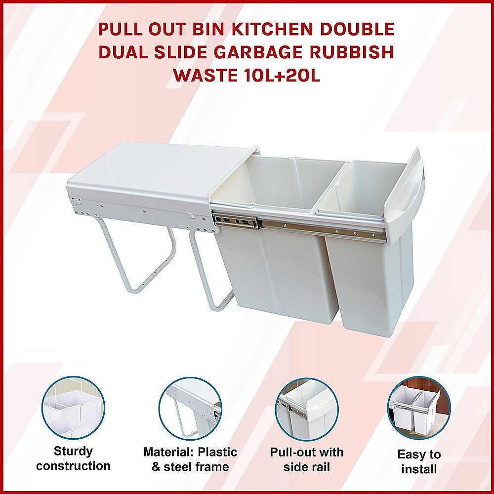 Kitchen Dual Slide Bin 10L+20L Garbage Rubbish Waste