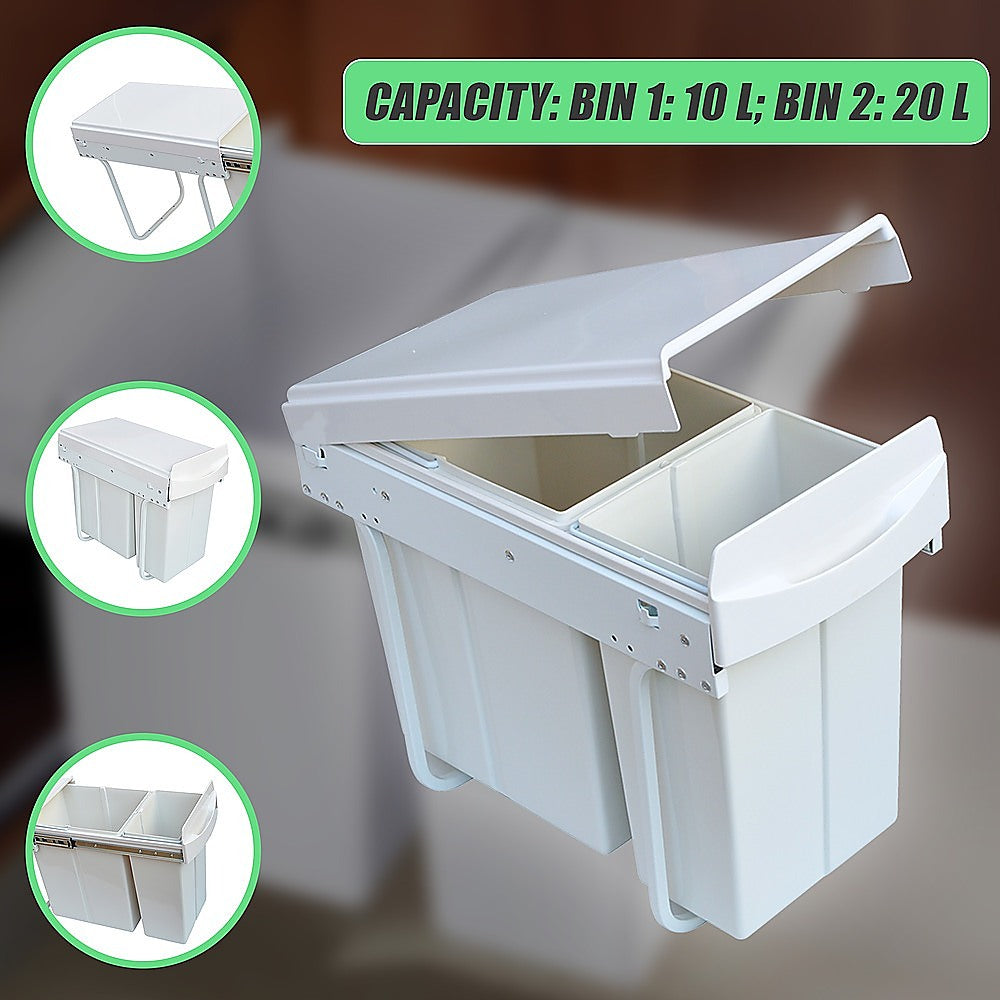 Kitchen Dual Slide Bin 10L+20L Garbage Rubbish Waste