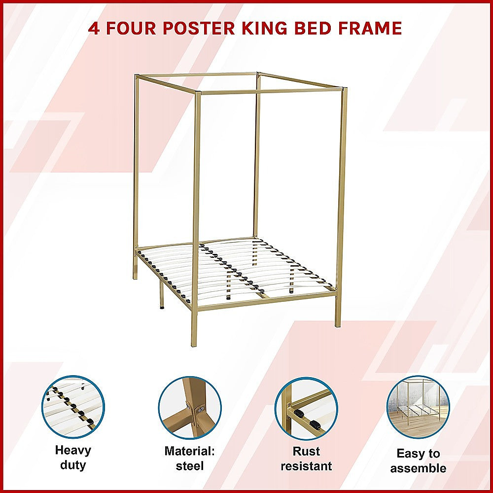 Stylish design 4 Four Poster King Bed Frame-Gold/Cream