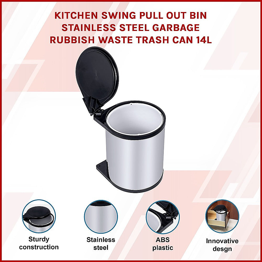 Kitchen Swing Pull Out Bin Stainless Steel Garbage Rubbish Waste Trash Can 14L